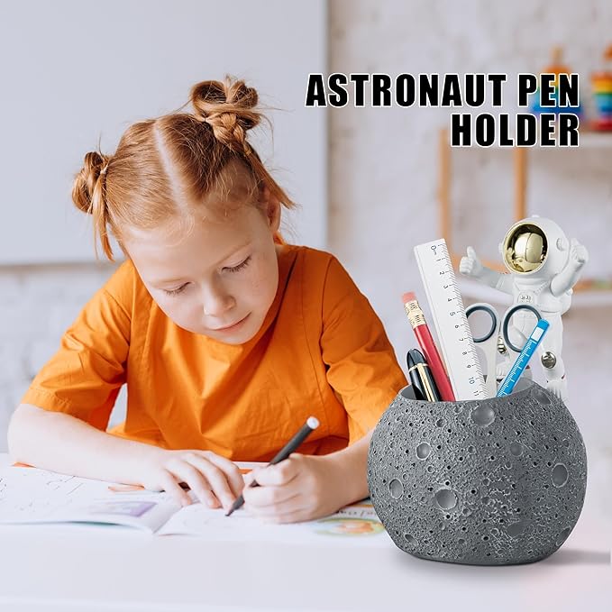 Kimdio Pen Holder, Astronaut Stand for Desk Pencil Holder, Resin Desk Moon Organizer Decorative Accessories Ideal Gift for Office, Classroom, Home - Grey