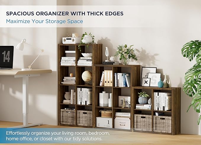 Jpiziso 12-Cube Storage Organizer, Wooden Cube Shelf Bookcase with Reinforced Thick Shelves, Heavy-Duty 36.93" L x 9.37" W x 48.82" H, for Living Room Bedroom Home Office, Brown