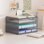 Subekyu Paper Letter Tray Organizer for Desk, Gray Metal Mesh Desk File Sorter Organizer with Handle and 2 Sliding Trays for Home Office School Supplies Organization
