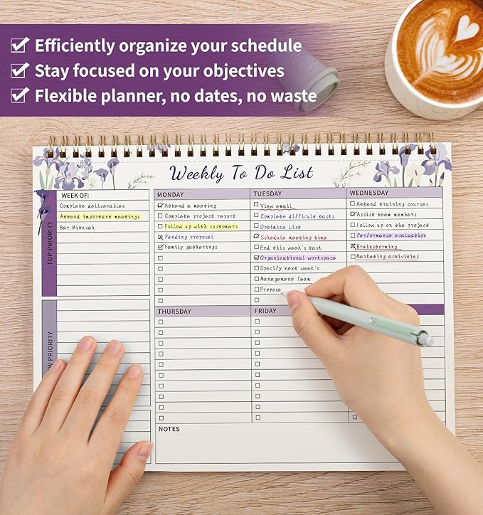 ALKALO 104 Pgs Weekly To Do List Notepad, 52 Duplex-Printed Undated Sheets 100 GSM（8.5"×11") Weekly Desk Planner For Work Home School Office Desk Accessories Supplies & Goal Setting Tasks - Purple Iris
