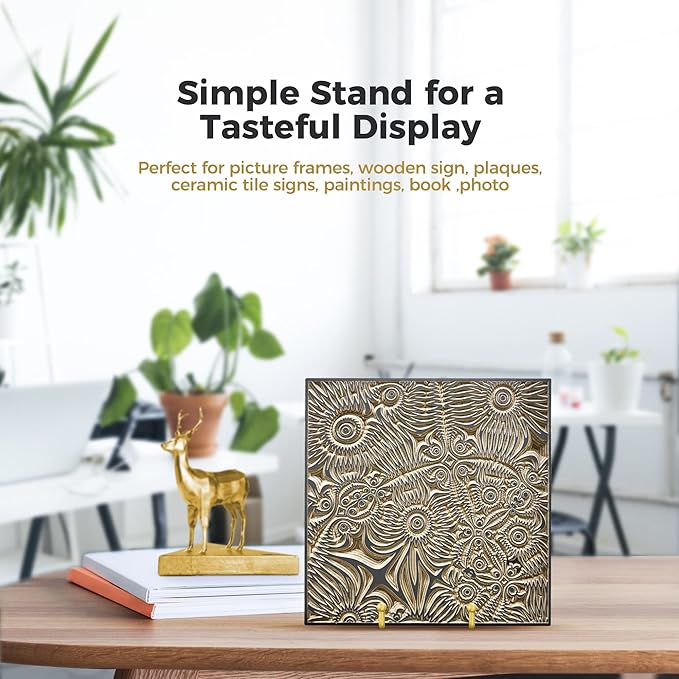 TR-LIFE Plate Display Stand - 4.5 Inch Holder + Metal Frame for Picture, Decorative Plate, Photo Easel, Tabletop Art (Gold 2 Pack)