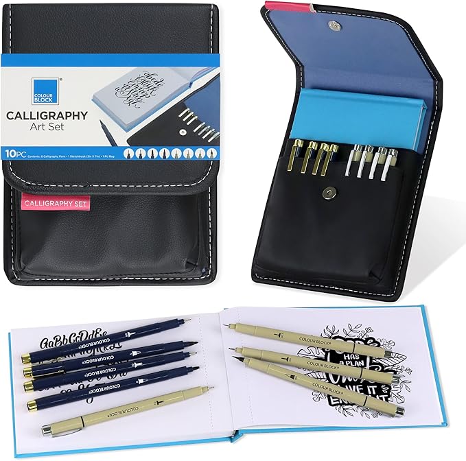 COLOUR BLOCK 10PC Calligraphy Set - Sketchbook, PU Pen Case, Fineliner, Hand Lettering, Sketching, Basic Writing, Journaling Supplies, Fine Point Pens