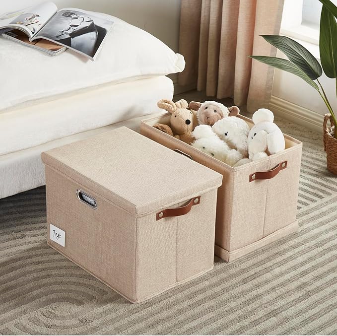 Roobyl 17" Large Collapsible Storage Bins with Lids, Stackable Closet Organizers with PU Handle and Labels, 3-Pack Decorative Fabric Storage Boxes for Home, Bedroom, Closet, Office, Nursery(Khaki)