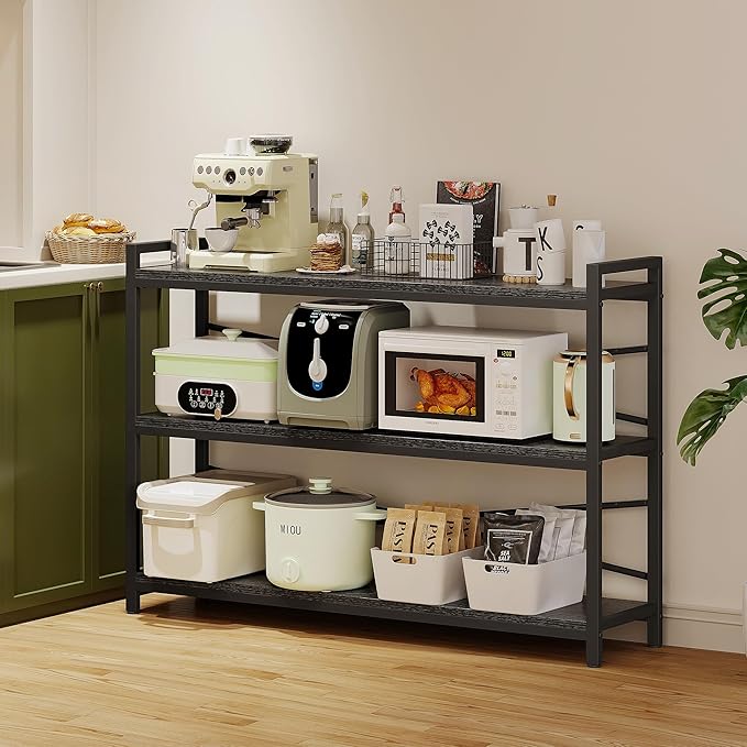 3 Tier Bookcase 47.24" Width, Long Industrial Book Shelf, Vintage Wooden Large Book Shelf for Home Living Room Bedroom Office Storage(Black)