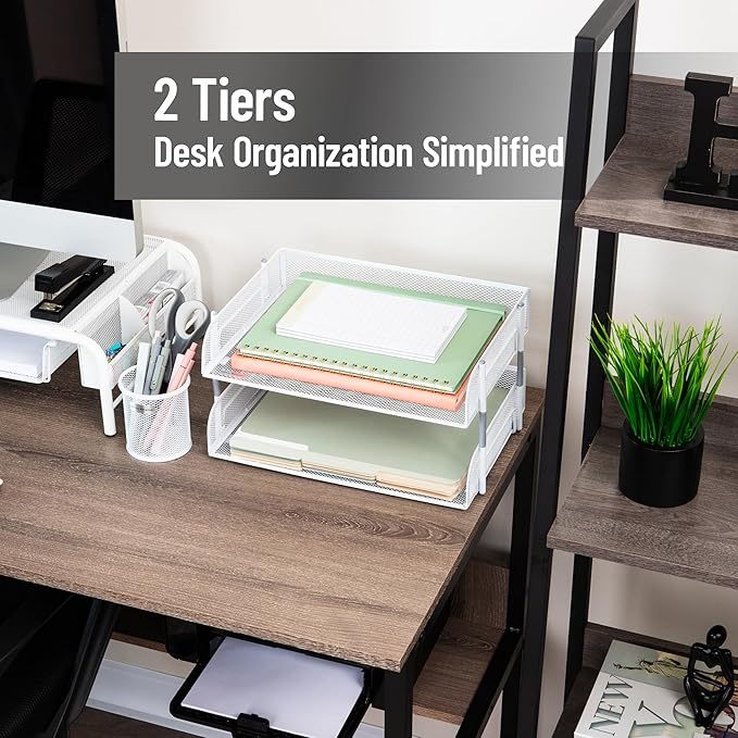 Mind Reader Stackable Paper Tray, Desktop Organizer, File Storage, Office, Metal Mesh, 13.5" L x 10" W x 7.25" H, 2 Pcs., White