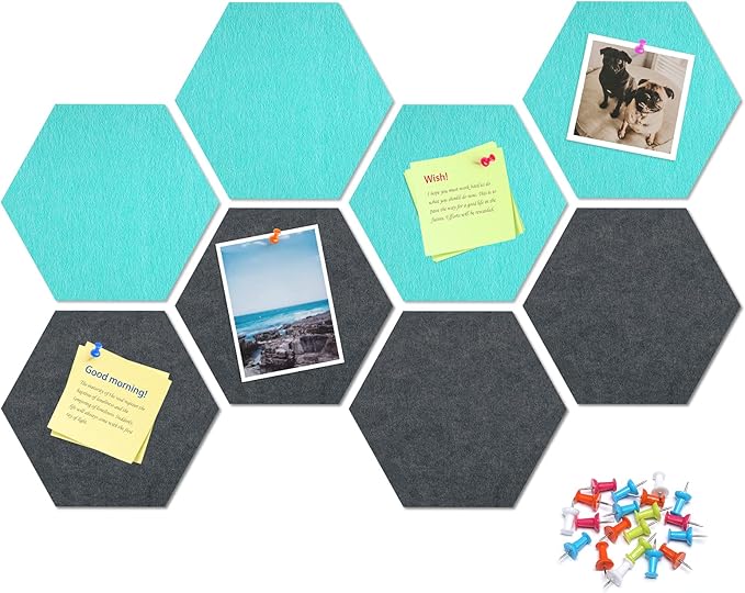 Uoisaiko 12" Large Bulletin Board with 30 Push Pins, Pack of 8 Hexagon Felt Pin Board Notice Boards for Home Office, Felt Wall Tiles for Photos Memos