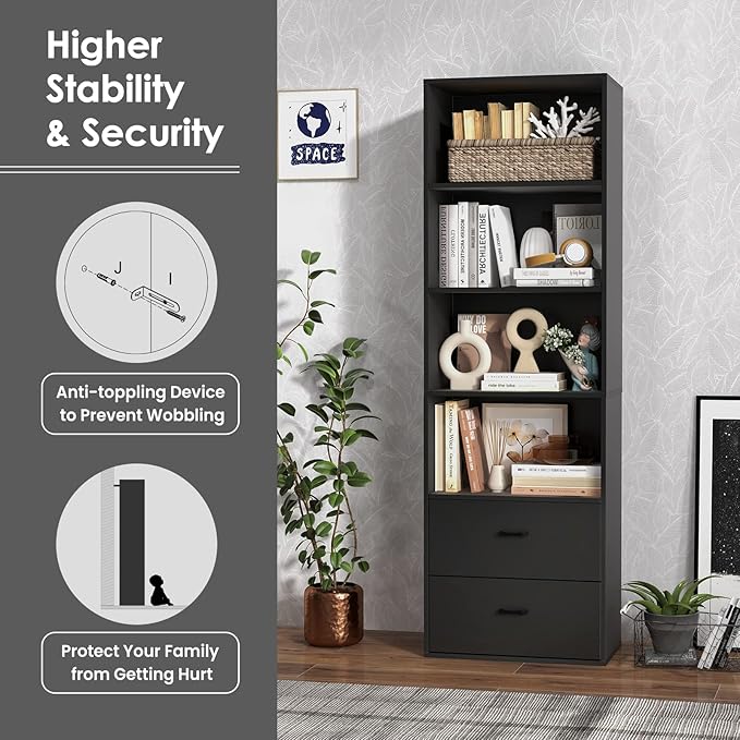 Tangkula 4 Shelf Bookcase with 2 Drawers, 74 Inch 4 Tiers Tall Open Bookshelf with 2 Slide-Out Drawers, Anti-toppling Device, Freestanding Wood Storage Shelf for Home Office (Black, 74" H)