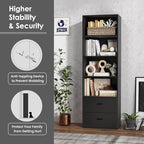Tangkula 4 Shelf Bookcase with 2 Drawers, 74 Inch 4 Tiers Tall Open Bookshelf with 2 Slide-Out Drawers, Anti-toppling Device, Freestanding Wood Storage Shelf for Home Office (Black, 74" H)