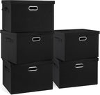 Graciadeco Large 17" 36 Quart Collapsible Stackable Storage Bins with Lids, 5 Packs Black Linen Fabric Closet Boxes with Lids, Storage Cube Baskets Container Organizers for Bedroom Office(17 x12 x11)
