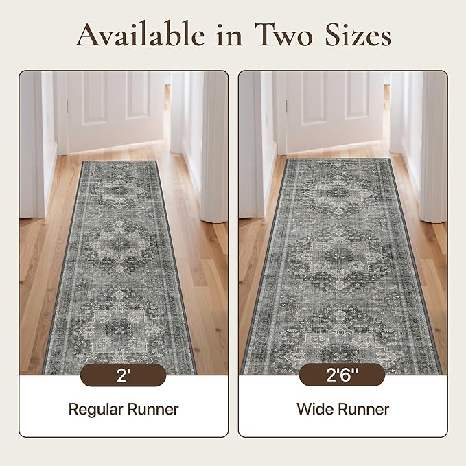 GENIMO 2'6"x10 Runner Rugs for Hallway, Machine Washable Non Slip Vintage Rugs, Low Pile Lightweight Soft Print Rug for enrtyway, Corridor, Home Office, Kitchen, Charcoal Gray