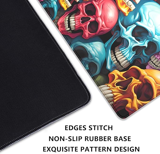 Scary Skeleton Mouse Pad Desk Pad,Colourful Skull Extended Gaming Mouse Mat with Stitched Edges Non-Slip Waterproof Rubber Base Mous Mat for Office Home Game Desk Pad(27.5X11.8 in)