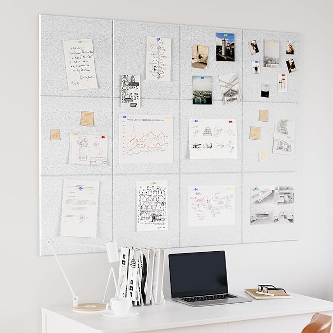 Neatsure Large Cork Board for Wall, 48" x 36" Bulletin Board with Pushpins, 12 Panels Felt Tiles Tack Push Pin Board for Office, Silver Gray