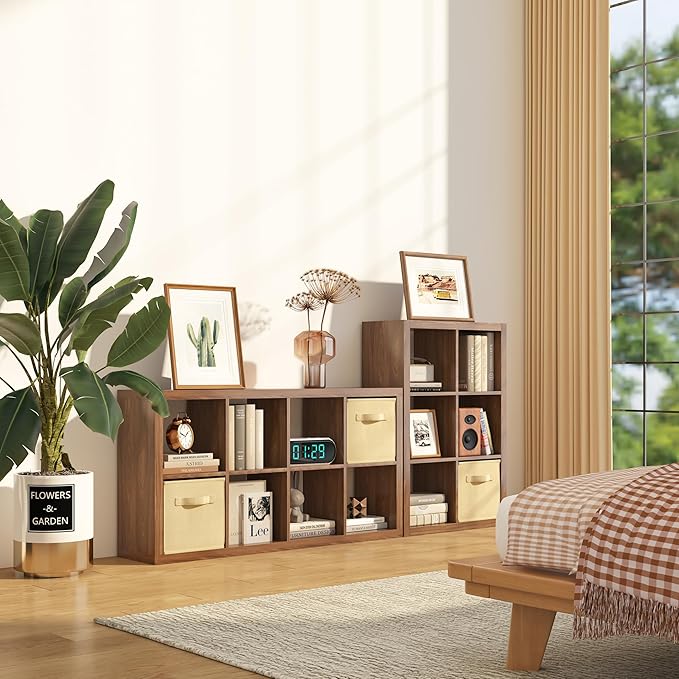furtble Bookshelf with Storage Bins, 8-Cube Storage Organizer, Modern Wood Open Bookcase, Multifunctional Display Shelf for Living Room, Bedroom, Home Office, Classic Oak