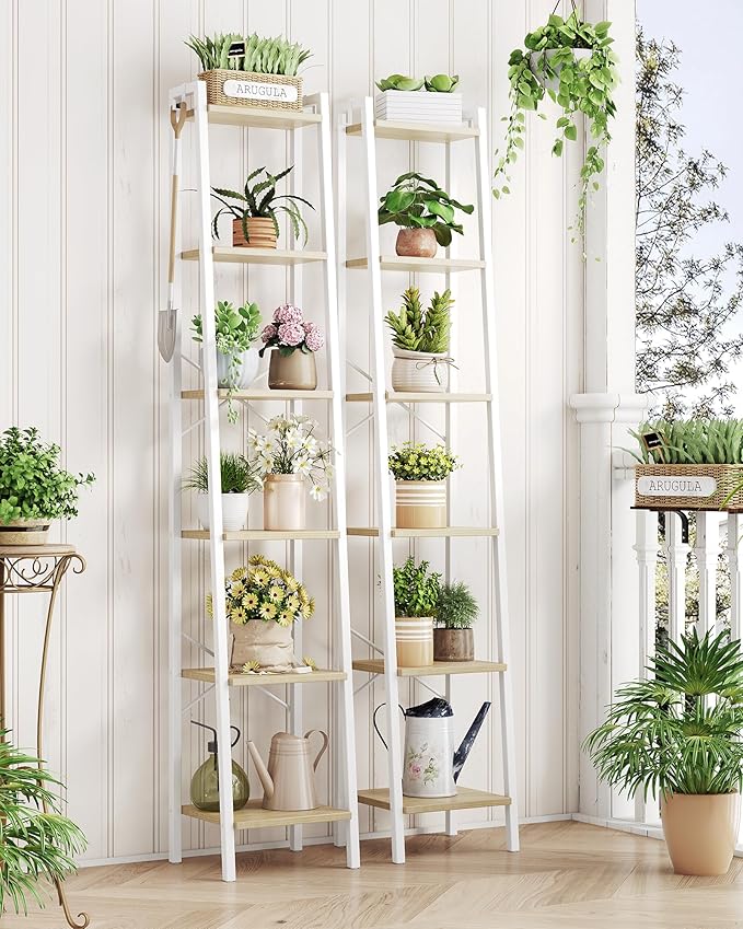 Hzuaneri Ladder Shelf, Bookshelf Bookcase, Freestanding Corner Storage Shelve with 2 Hooks for Home Office, Living Room, Kitchen, Bedroom, Industrial, 11.8" D x 13.4" W x 72.8" H, White Oak and White