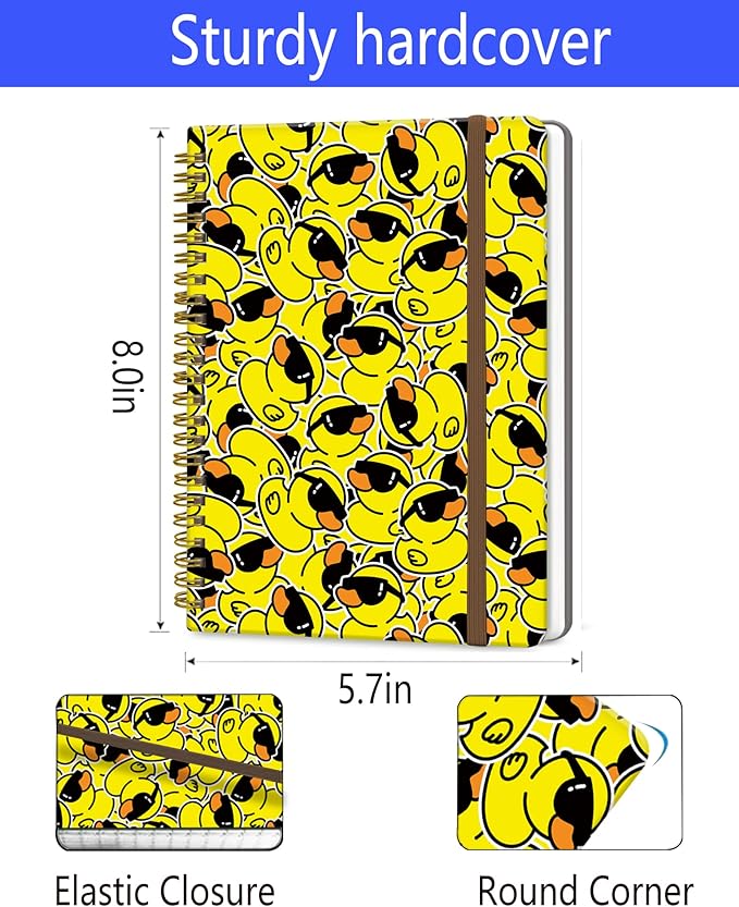 DHGPTS Spiral Journal Notebook, A5 Cute Notebooks for Women Men, College Ruled Hardcover Notebook for Work & Note Taking, 60 Pages Double-Wire Journals for Writing, Cool Yellow Ducks