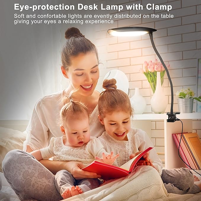 LiFMIRA Clip on Lamp USB Reading Light 3 Color Modes 3000-6000K and 10 Brightness 8W 40 LED Flexible Gooseneck Desk Light Clip on Lamp for Desk Eye Caring Bed Lamp for Headboard (No Plug)