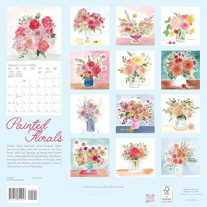 Graphique 2026 Painted Florals Wall Calendar | 12” x 12” | Thick Paper | Home & Office Organizer | Large Monthly Grid | 3 Languages & Marked Holidays | 4 Month Preview Page for 2027
