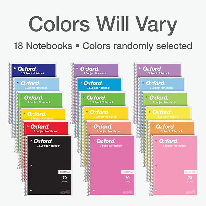 Oxford Spiral Notebooks, 18 Count Bulk Pack, 1 Subject, College Ruled Notebooks for School, 8 x 10.5 Inches, 70 Sheets, Assorted Colors, Back to School Supplies (65206)