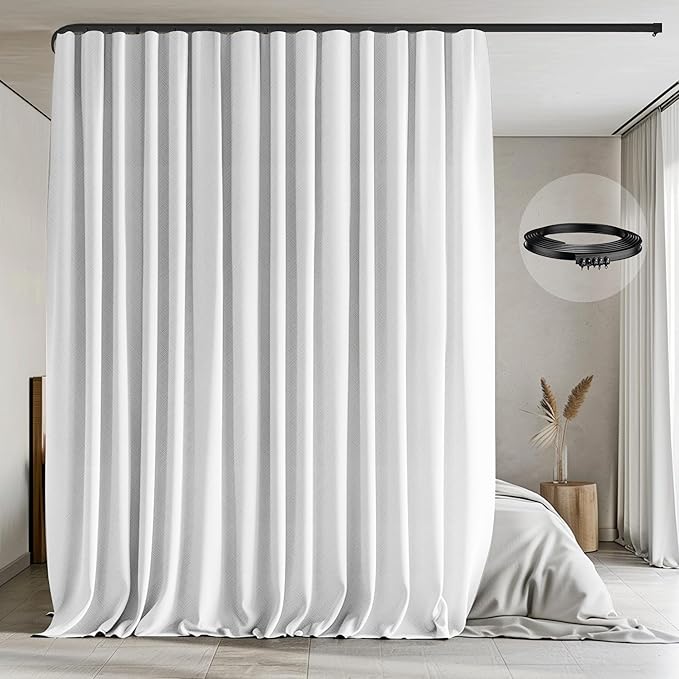 MaKefeile Room Divider Curtains with Flexible Ceiling Tracks Set,Blackout Curtain Ceiling Mount Curtain Track Privacy Room Dividers Ceiling Track Curtain Rod(White Drape & Black Rail W 8.3 × H 8 FT)