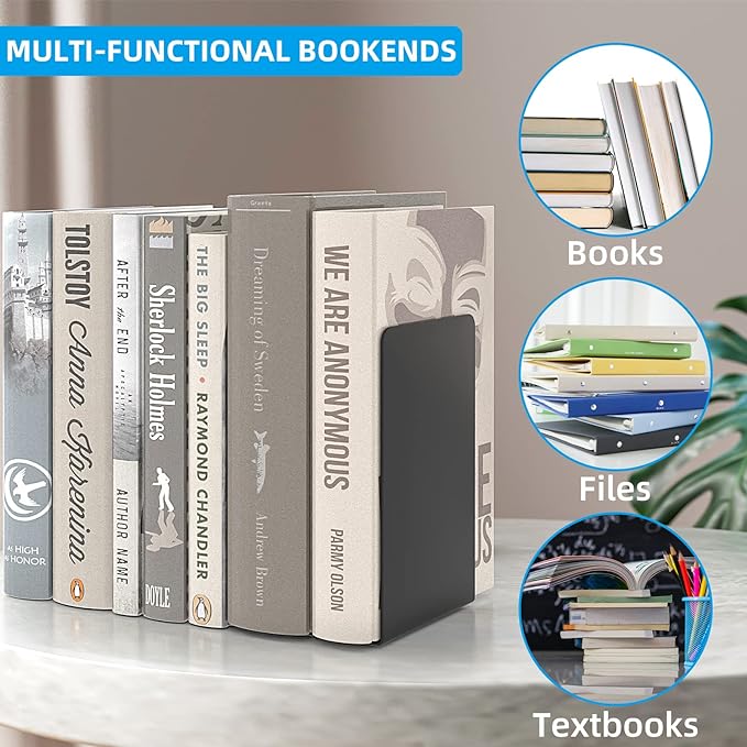VFINE Bookends 3 Pairs, Black Metal Book Ends, Heavy Bookends for Shelves, Book Stopper for Heavy Books, Book Organizer for Home Office School Supplies