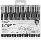 YISAN Black Drawing Art Pens,Micro Fineliner Manga Pens,Calligraphy Pens for Sketching Technical Drawing,16 set 70351