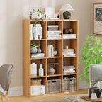 Jpiziso 12-Cube Storage Organizer, Wooden Cube Shelf Bookcase with Reinforced Thick Shelves, Heavy-Duty 36.93" L x 9.37" W x 48.82" H, for Living Room Bedroom Home Office, Natural-Oak