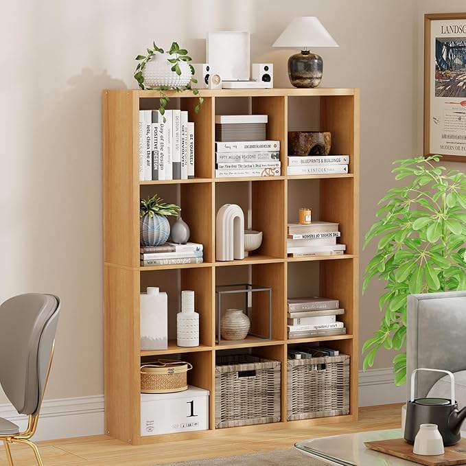Jpiziso 12-Cube Storage Organizer, Wooden Cube Shelf Bookcase with Reinforced Thick Shelves, Heavy-Duty 36.93" L x 9.37" W x 48.82" H, for Living Room Bedroom Home Office, Natural-Oak
