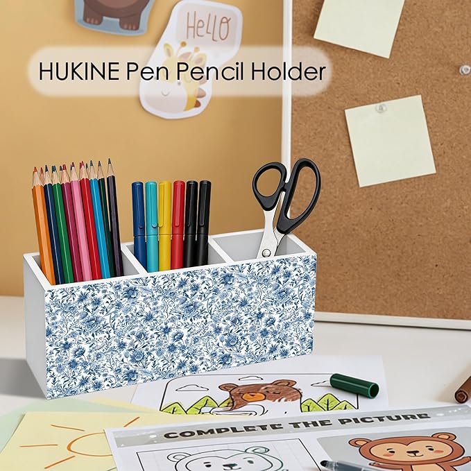 HUKINE Blue and White Chinoiserie Floral Pen Holder for Desk Decoration, Vintage Blue Toile De Jouy Flower Wooden Box Sign Pencil Holder Organizer for Home Office Desk Accessories
