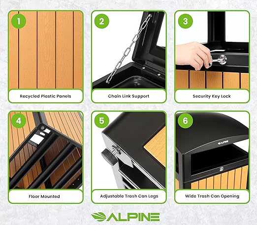 Alpine 40 Gallon Commercial Outdoor Trash Can with Lid - Modern Heavy Duty Large Outdoor Garbage Can with Durable Plastic Bin, Slatted Recycled Plastic Panels for Parks, Trails & Resorts (CD)
