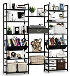 NUMENN Triple Wide 6 Tier Bookshelf, Adjustable Rustic Industrial Style Book Shelves, Modern Bookcases and Bookshelves Furniture for Bedroom, Living Room and Home Office, Black