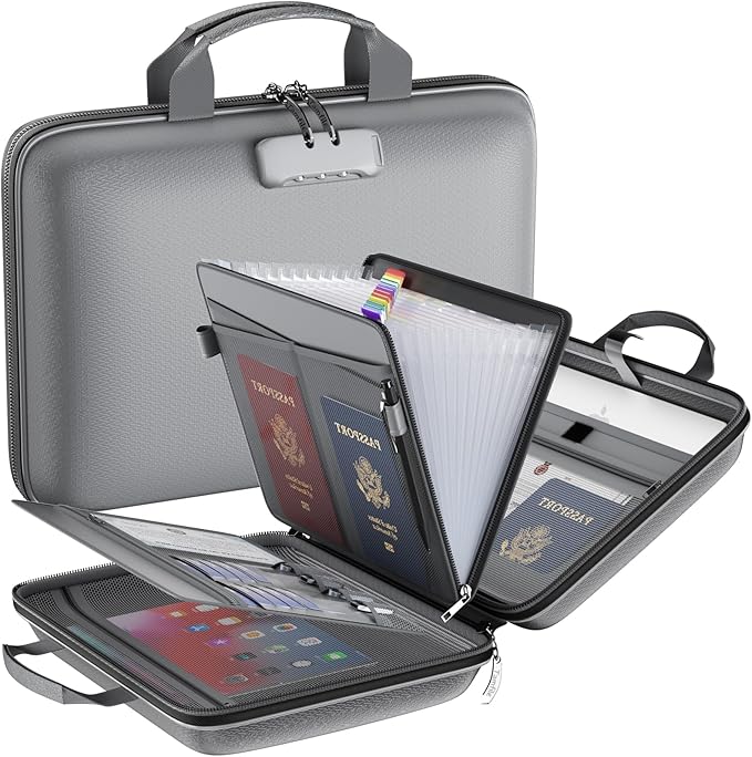 Fireproof File Organizer with Lock, Hard-Shell Case Fireproof Document Box with 13 Pockets Accordion File Folder, Important Document Organizer for Letter A4 Files Laptop Passports (Grey)