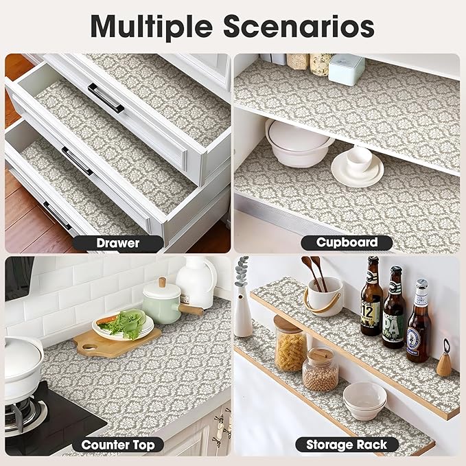 ALIUNI Drawer and Shelf Liner, Non-Slip Kitchen Cabinet Liners Non-Adhesive Thick Strong Grip Waterproof Washable Mats Protect Dresser Shelves Cupboard Bathroom Cabinets, Boho: Beige, 18 in X 20 FT