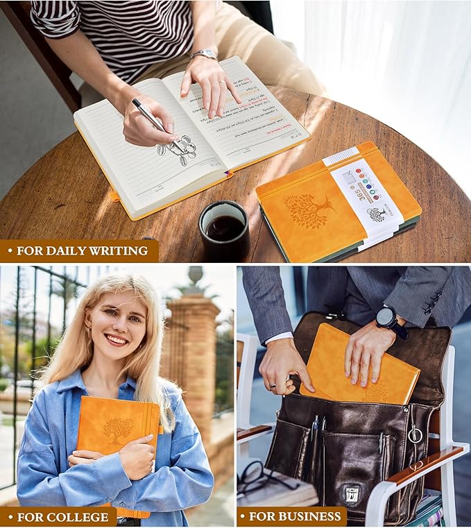 PERCUN A4 Lined Journal Notebook，365 Page Large Leather Journals for Writing Women Men，Hardcover Notebook with 100Gsm Thick Pages for Travel，Work，School，College Ruled, Daily Diary (8.5" x 11.4")