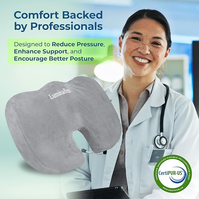 LuminaRest® Gel Enhanced Seat Cushion for Long Sitting | Premium CertiPUR-US® Certified Memory Foam | Non-Flattening Office Chair Cushion for Tailbone Pain Relief, Sciatica & Back Support (Gray)