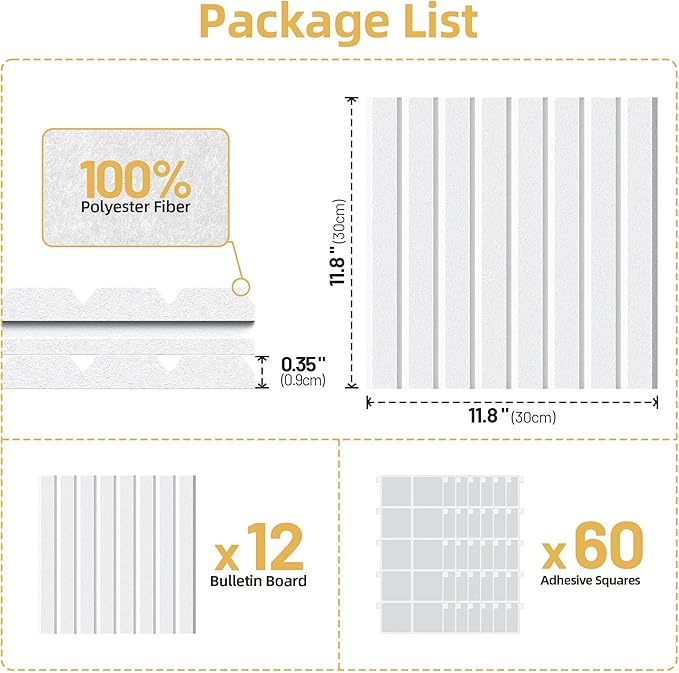 Large Cork Board for Wall 36" x 48" White Bulletin Board with Safe Removable Adhesive Squares for Pictures Photos, Alternative CorkBoard Felt Pin Boards Tiles for Office Classroom Wall Decor - 12 Pack