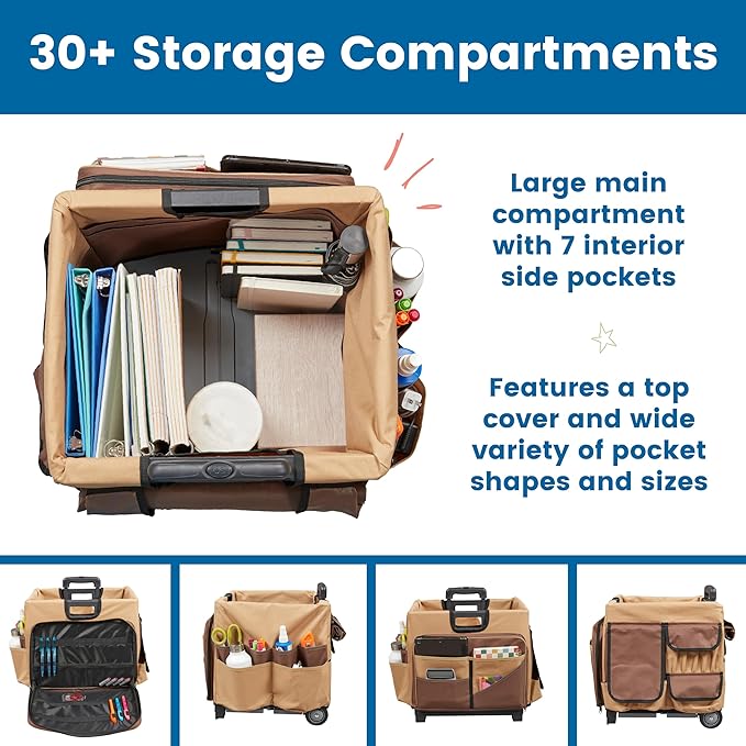 ECR4Kids Universal Rolling Cart with Canvas Organizer Bag, Mobile Storage, Chocolate/Sand