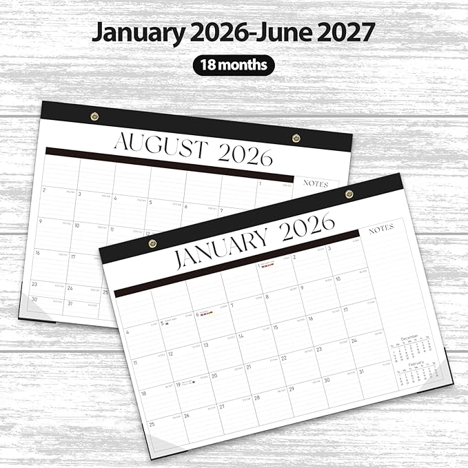 Desk Calendar 2026, Monthly Desktop Large Calendar (Jan 2026 - Jun 2027) 17" x 12" Desk Wall Planner for Family Teacher School Office Supplies, Black-White