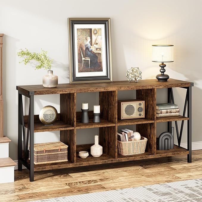 GarveeHome 8 Cube Storage Organizer Bookshelf, 3 Tier Metal Horizontal Bookcase, 62 in Console Bookshelf, Industrial Storage Bookcase for Entryway, Long Low Bookshelves for Living Room-Retro Brown