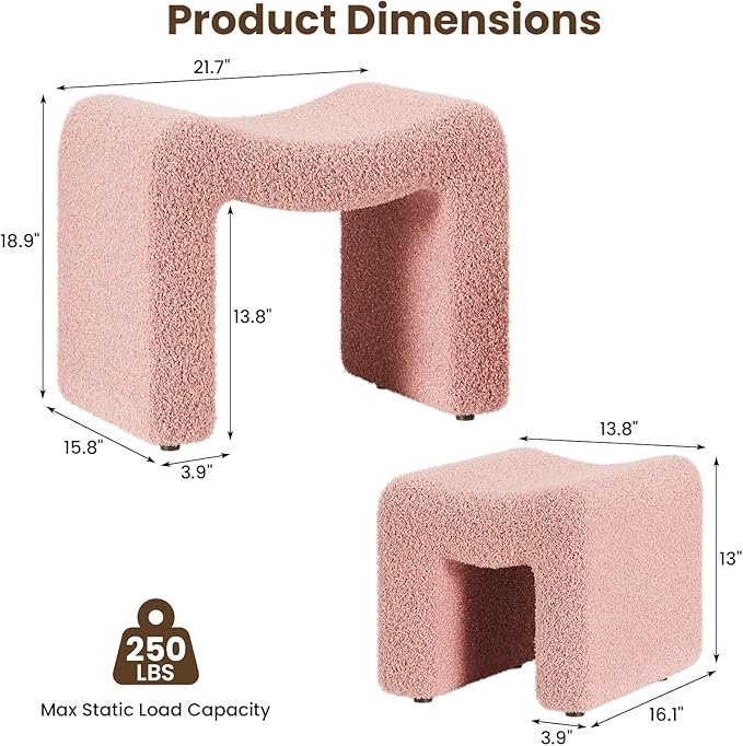 ZYKZYK Ottoman Set of 2, Plush Velvet Vanity Seats with Modern Foot Rest, Backless Stool Pair for Bedroom, Living Room & Makeup Dressing Table (2-in-1) Pink