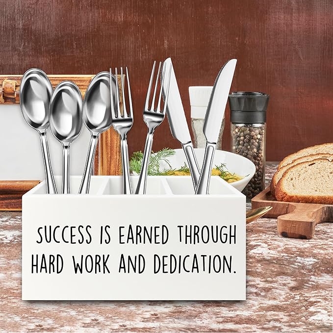 QZQE Motivational Gifts Pen Pencil Holder Organizer for Desk, Success Is Earned Through Hard Work and Dedication Inspirational Wooden Box Signs Decorations for Home Office Desk Tabletop