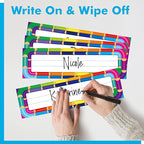 40PCS Desk Nameplates, Double Sided PET Film Desk Name Tags Erasable & Reusable Traditional Manuscript Name Plate Colorful Decoration for Student School Classroom Organization (10” x 2.8”)