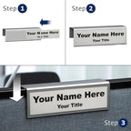 4-Pack 8.5" x 2.5" Cubicle Partition Name Tag - Silver Border 2" Hook - Holder for Custom Plate – Desk or Partition Use – Silver Frame – 2" x 8" Insert for Wall Display By Plastic Products Mfg
