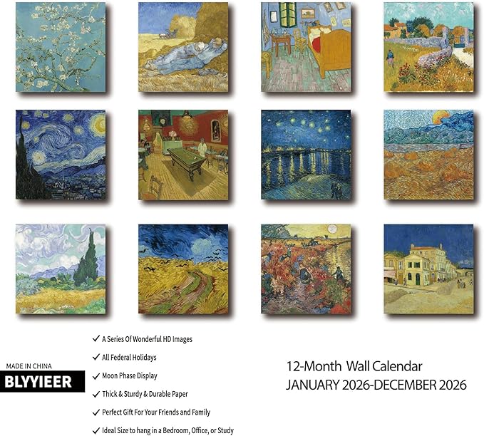 2026 Wall Calendar Art Paintings, 12 Months Wall Calendars, 12" x 24" Opened, Thick Glossy Paper, 2026 Monthly Wall Calendars, Home and Office Organizer