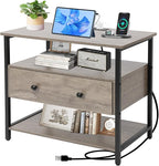 Edbuosy 27 Inch Wide Night Stand with Charging Station, Wood Nightstand with Open Shelf, Large Drawer Bedside Table for Living Room/Bedroom/Office (Rustic Gray)