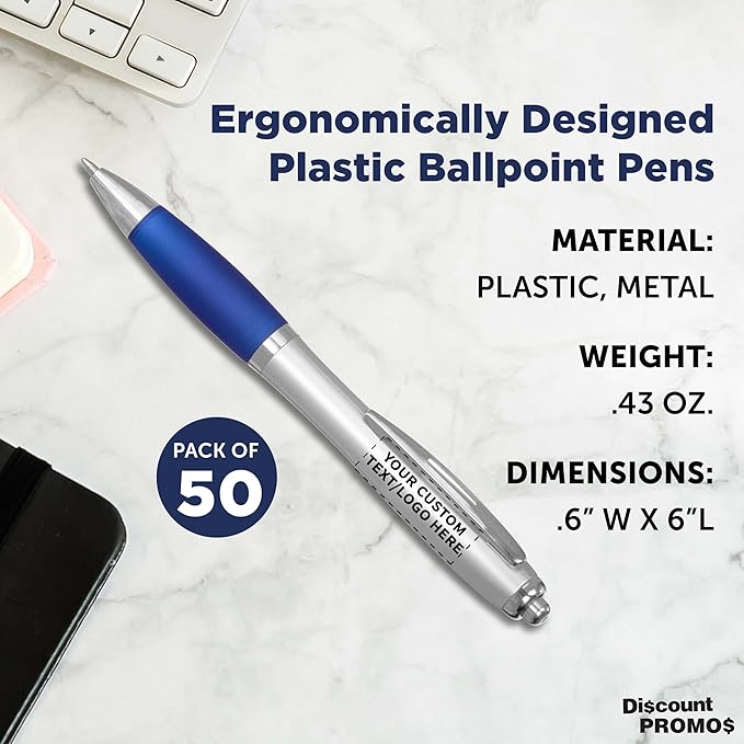 DISCOUNT PROMOS Personalized Ballpoint Pens With Rubber Grip, 50 pack Customizable Ergonomic Click-to-Write Custom Writing Pens for School with Black Ink, Blue