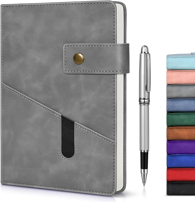 vfaejll Grey A5 Lined Leather Journal Notebook for Men Women,5.9" X 8.4" Personalized Hardcover Journal with Pen,200 Pages 100 Gsm Thick Ruled Paper Daily Diary for Travel,Business,Work,Writing