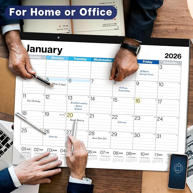Dunwell 2026 Desk Calendar 22x17 (Blue), 22 x 17 Large Monthly Desk Blotter or Hanging Wall Calendar, Jan–Dec 2026, Lined Daily Blocks, Easy to Read