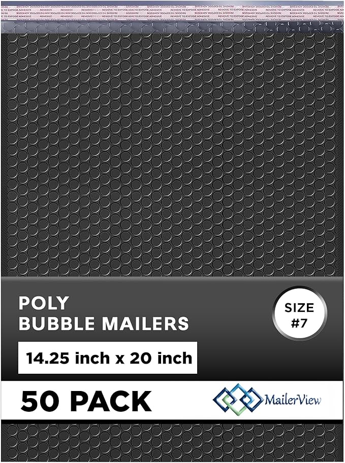 Black Extra Large Poly Bubble Mailers 14.25x20 inch #7 | Self Seal Large Padded Envelopes | Air Cushioned Bubble Mailer | Usable Size 14.25x19 Lightweight Mailing Shipping Bags| 50 Pack Bulk