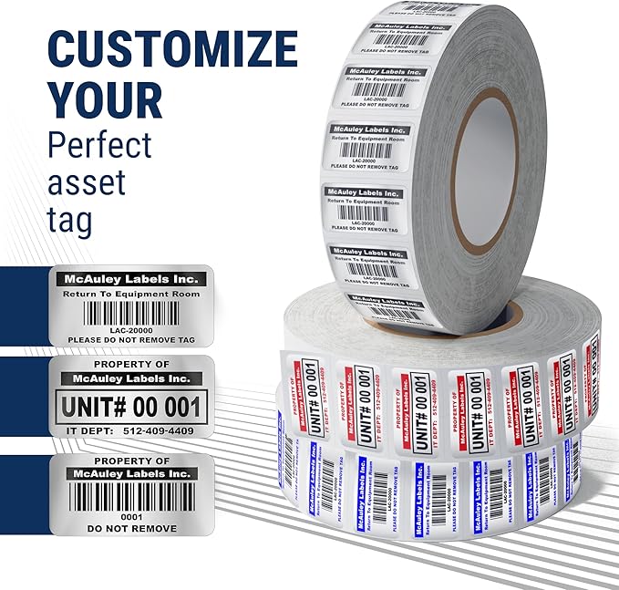 McAuley Labels Custom Asset Tags for Equipment – Numbered, Permanent, Adhesive, Metalized Silver Polyester - ID Label - 1.5x0.75 Inches