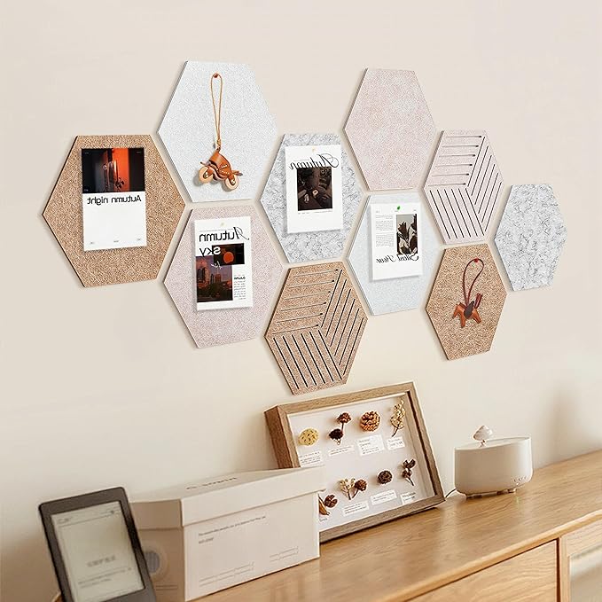 Fwpelt 15'' Large Hexagon Cork-Bulletin Board Tiles Adhesive Frameless 10 Pack 15 x 13 inch Hex Pin Corkboard Prayer Vision Cork Board for Office-Wall Decor, Hexagonal Tack Pinboard with 30 Push Pins